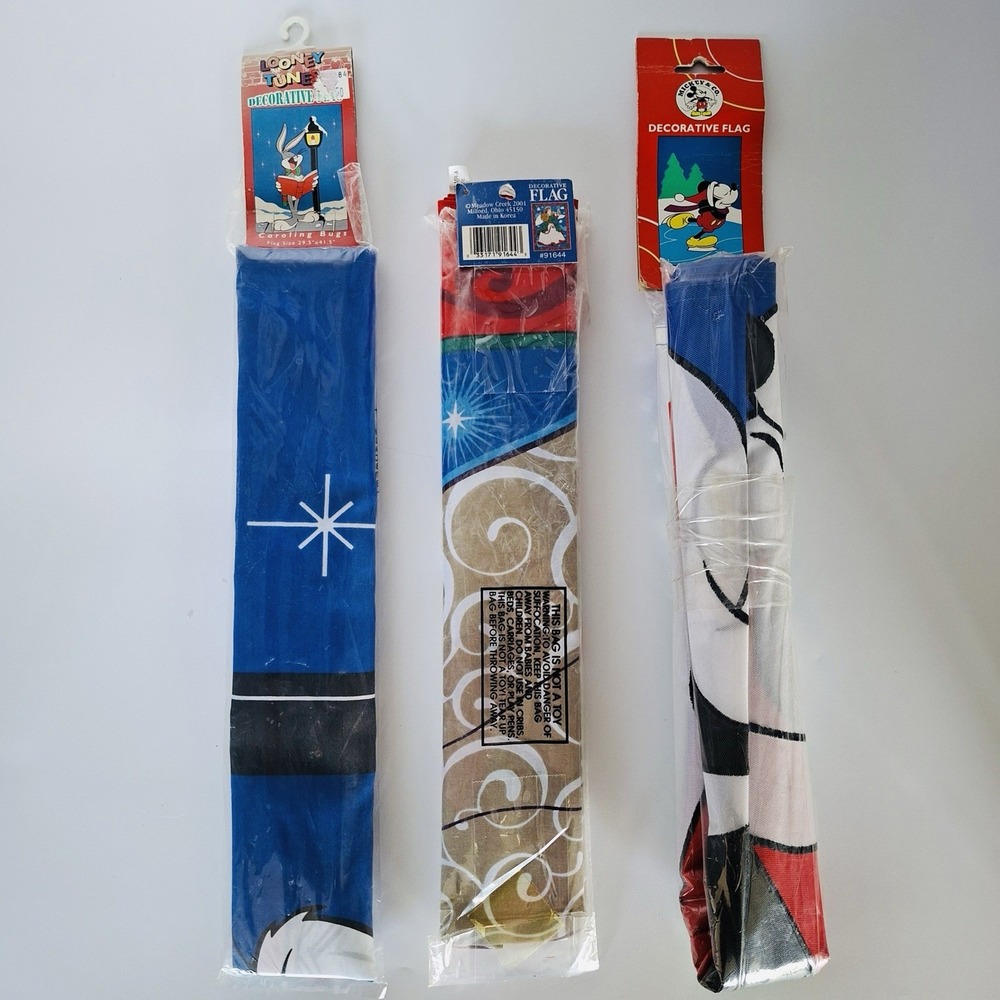 Vintage Lot 3 Christmas Flags Looney Tunes Bugs Bunny Disney Mickey Meadow Creek